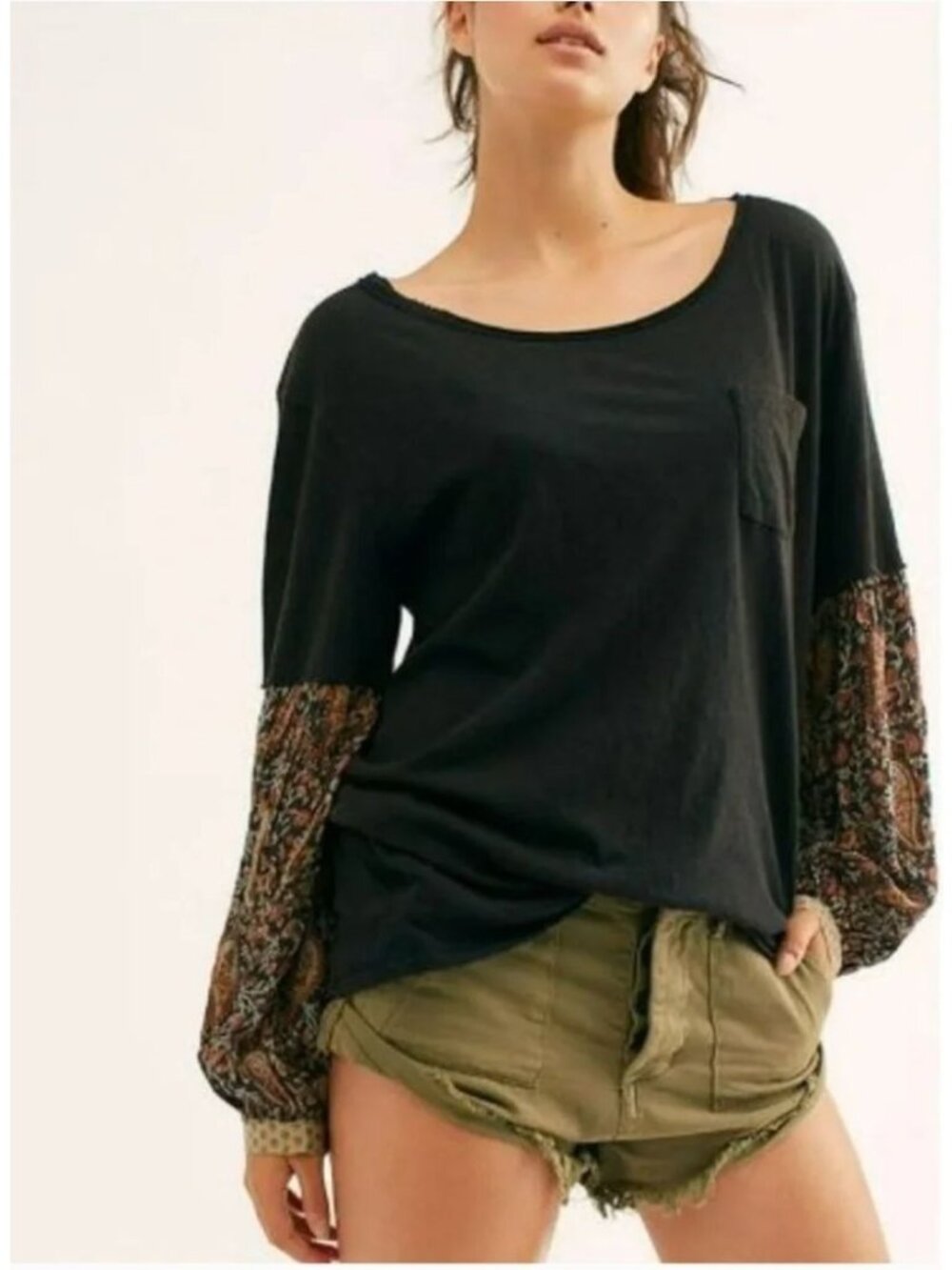 FREE PEOPLE We The Free Jade Black Paisley Floral Mixed Media Long Sleeve Top XS